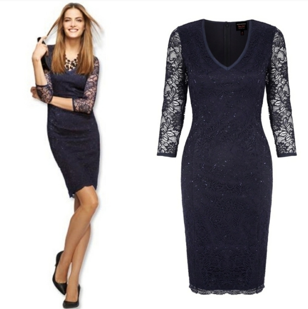 Banana Republic L’Wren Scott Lace Sheath Dress V-Neck Size 6 Navy Metallic